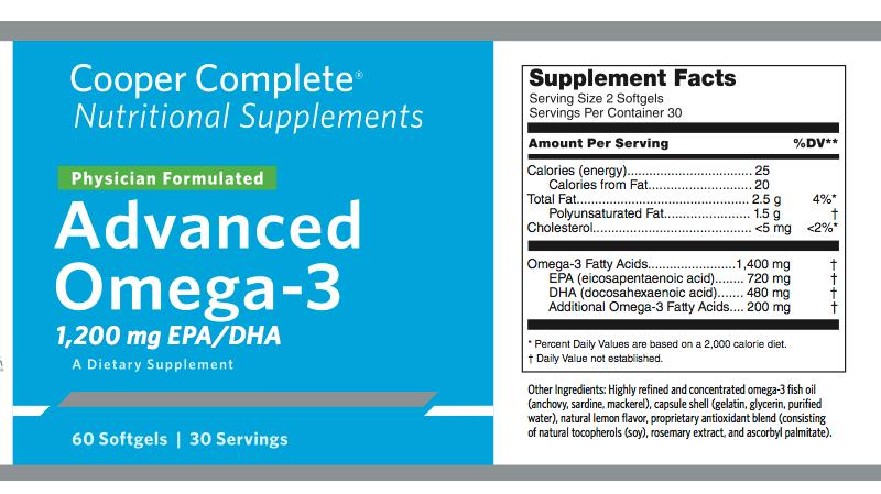 Bottle label for Cooper Complete Advanced Omega-3 Vitamins