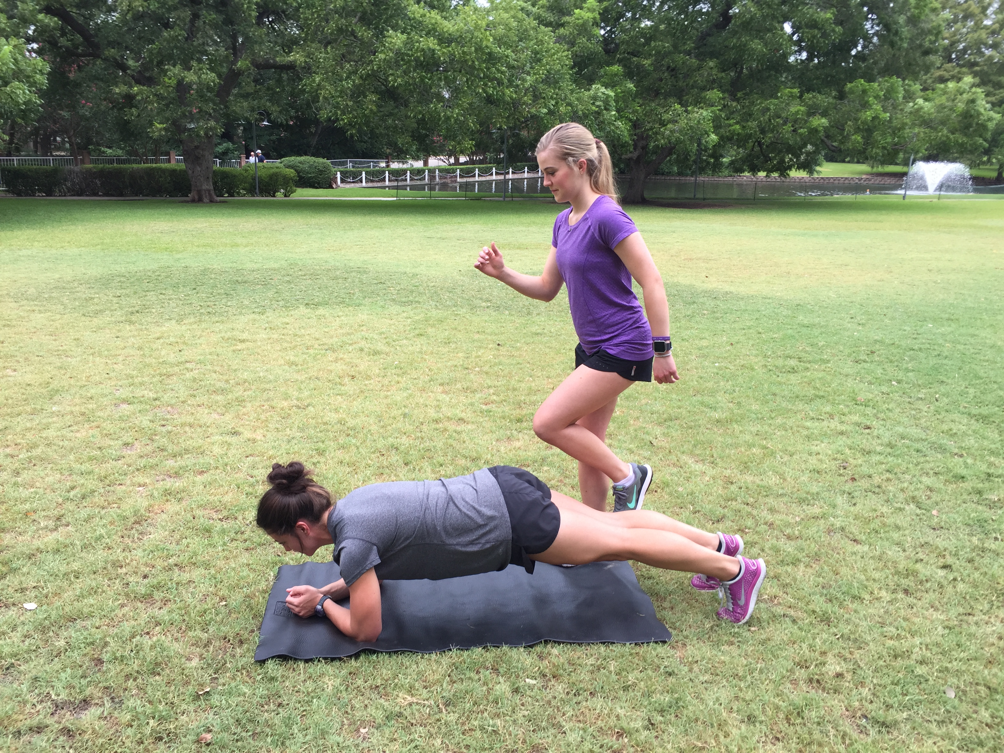 Two women doing a plank/lateral step exercise
