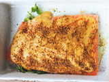Salmon coated in Dijon mustard