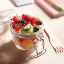 Fruit in a glass container.